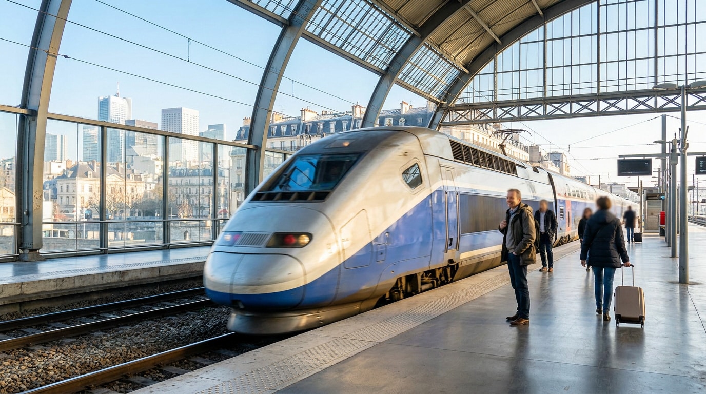 john-towner-3Kv48NS4WUU-unsplash Un TGV arrivant en gare avec des voyageurs sur le quai sous une grande verrière moderne.