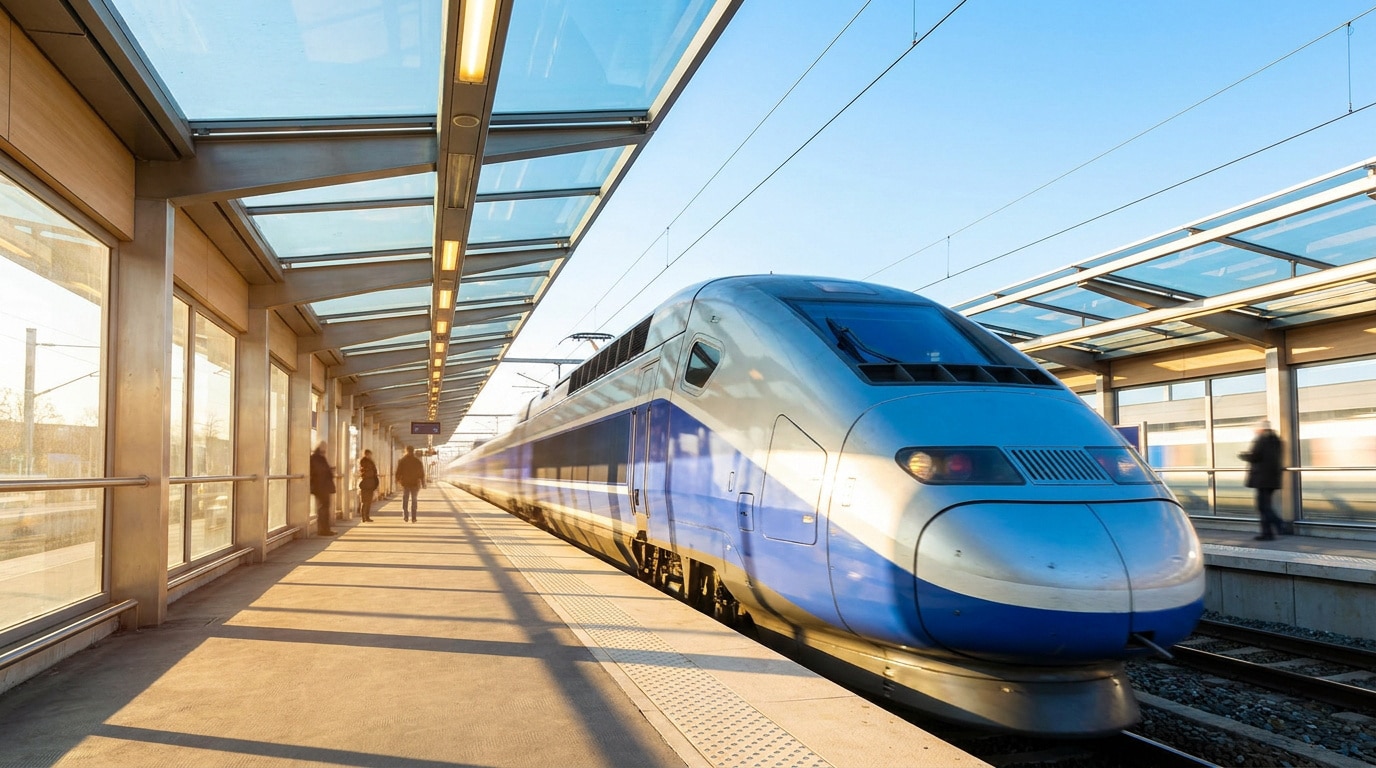 john-towner-3Kv48NS4WUU-unsplash Un train TGV moderne arrive à quai dans une gare sous une verrière lumineuse, avec des passagers sur le quai.