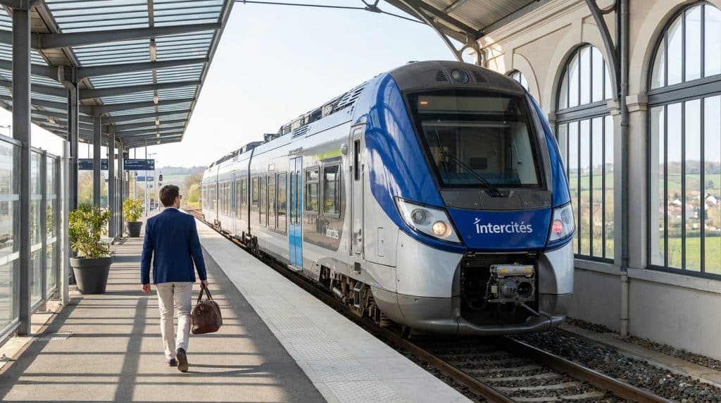 Un voyageur marche sur le quai d'une gare à côté d'un train Intercités bleu et argent.