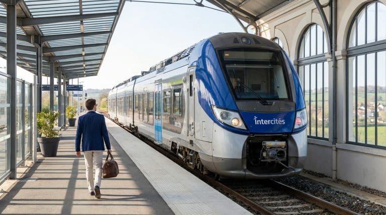 Un voyageur marche sur le quai d'une gare à côté d'un train Intercités bleu et argent.