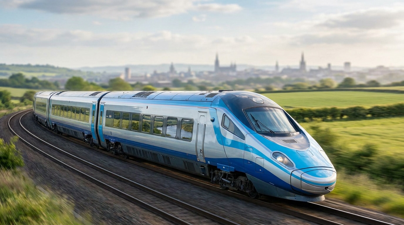 Train moderne bleu et argent circulant sur une voie ferrée avec une ville en arrière-plan sous un ciel lumineux.