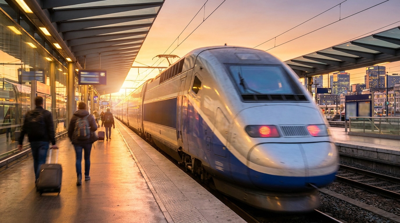 Un train TGV à grande vitesse arrivant à quai dans une gare moderne sous une lumière dorée de fin de journée.