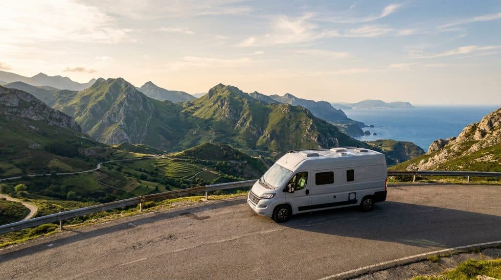 Un van aménagé gris garé sur une route sinueuse surplombant des montagnes verdoyantes et la mer au nord de l'Espagne.
