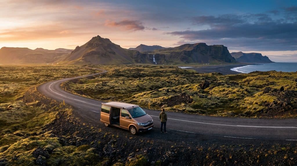 Un van aménagé stationné sur une route islandaise sinueuse avec vue sur les montagnes, les champs de mousse et l'océan.