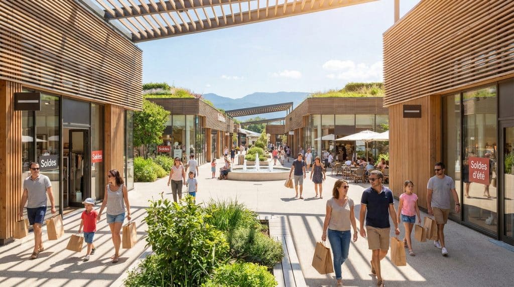 Une allée piétonne ensoleillée au Nailloux Outlet avec des clients portant des sacs de shopping devant des boutiques.