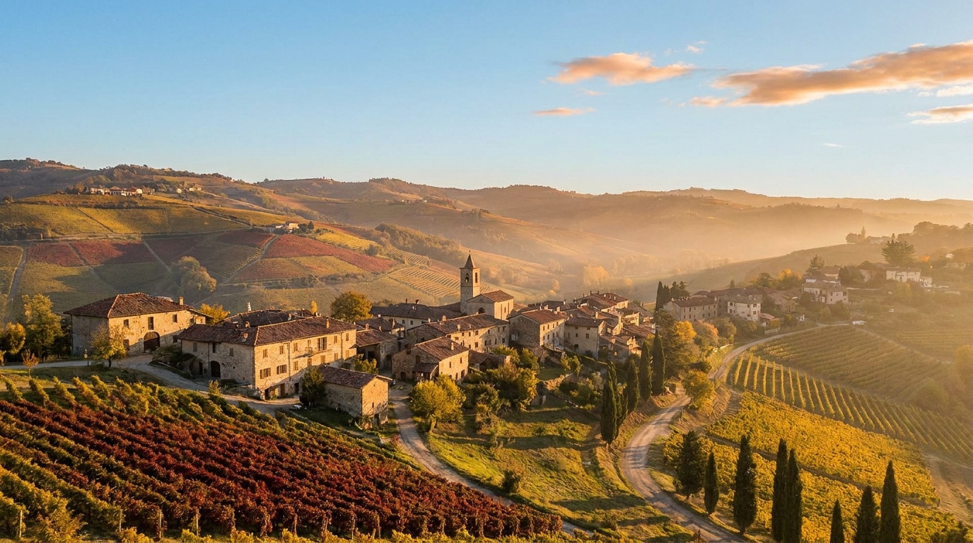 Un village en pierre au cœur des collines viticoles du Piémont sous une lumière dorée de fin de journée.