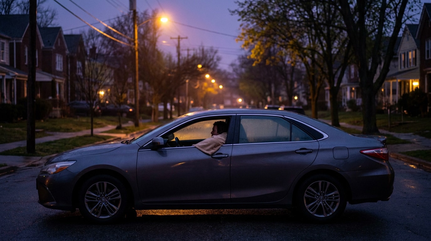 Une personne dort dans sa voiture stationnée dans une rue résidentielle à la tombée de la nuit.