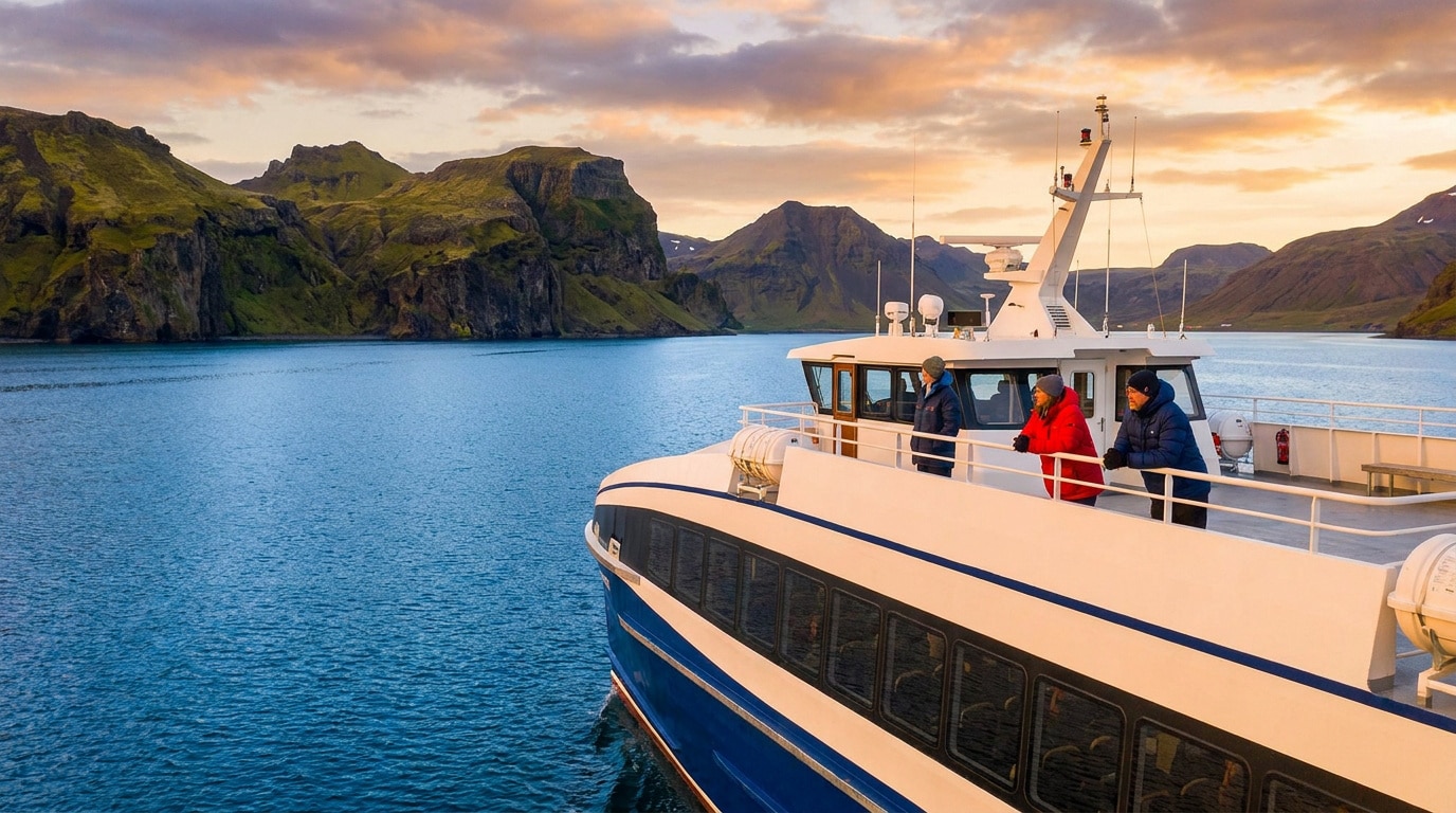 Trois personnes sur le pont d'un ferry admirant le paysage montagneux islandais au coucher du soleil.