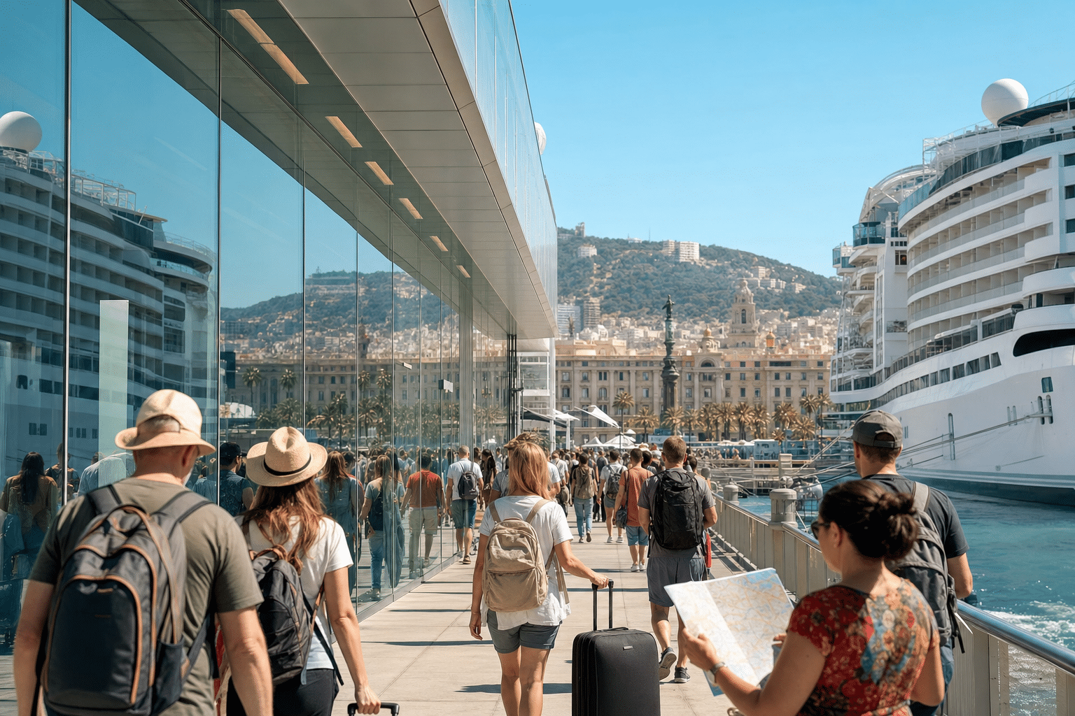 Touristes débarquant d’un paquebot en Méditerranée