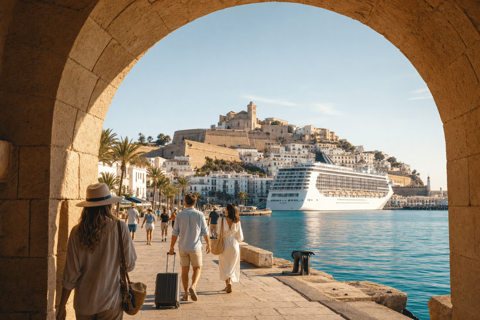 Port méditerranéen avec paquebot et touristes